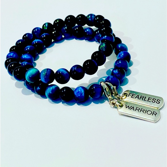 Tiger’s Eye BLUE beaded Bracelet. Removable Inspiration Charms (nickel free). - Picture 1 of 4